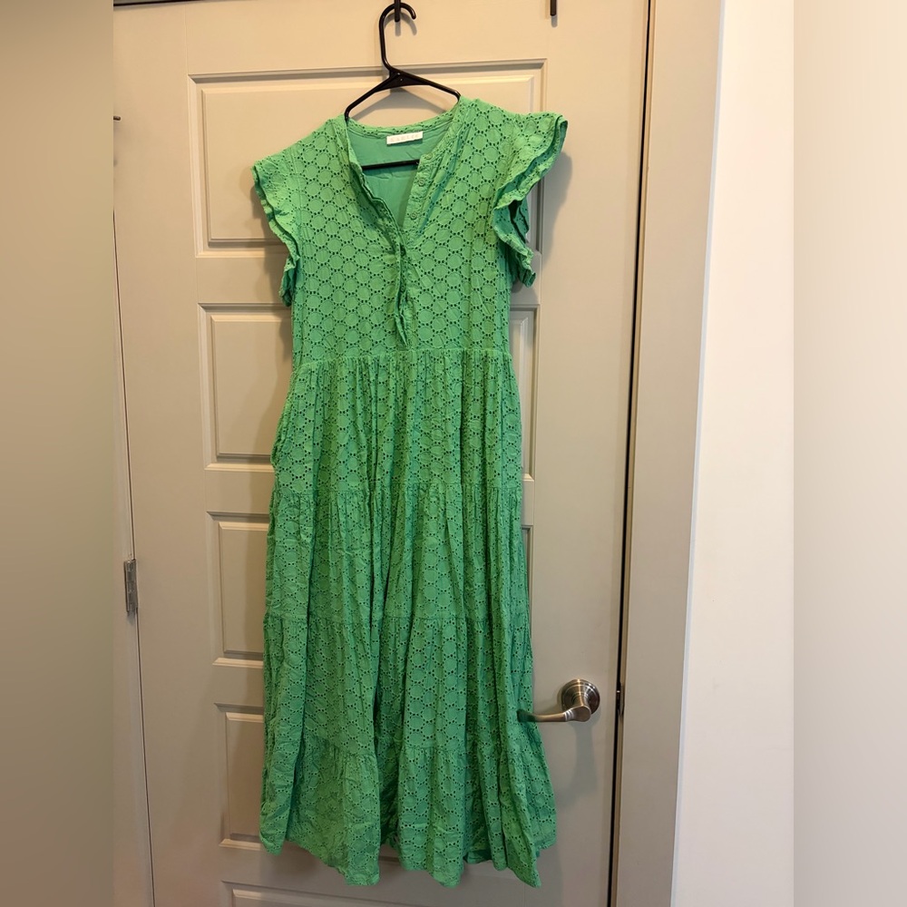 Karlie Green Eyelet Flutter Sleeve Maxi Dress